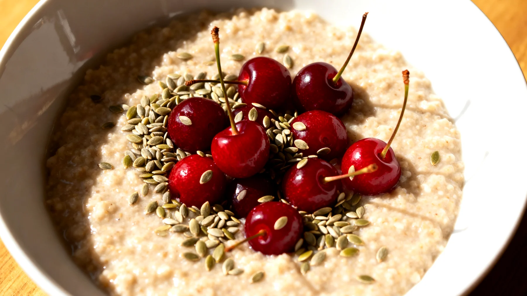 Amaranth-Porridge mit Hanfsamen und Sauerkirschen"