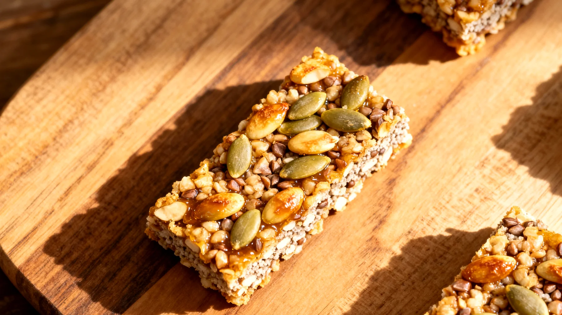 Buchweizen-Amaranth-Riegel mit gerösteten Kürbiskernen und Dattelmus"