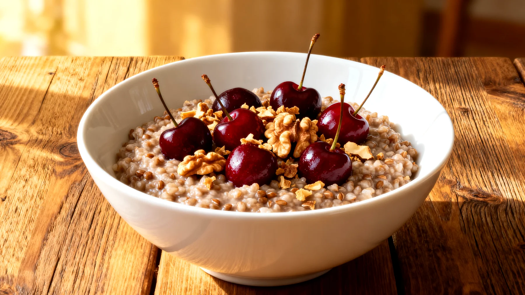 Buchweizen-Porridge mit Sauerkirschen und Walnüssen"