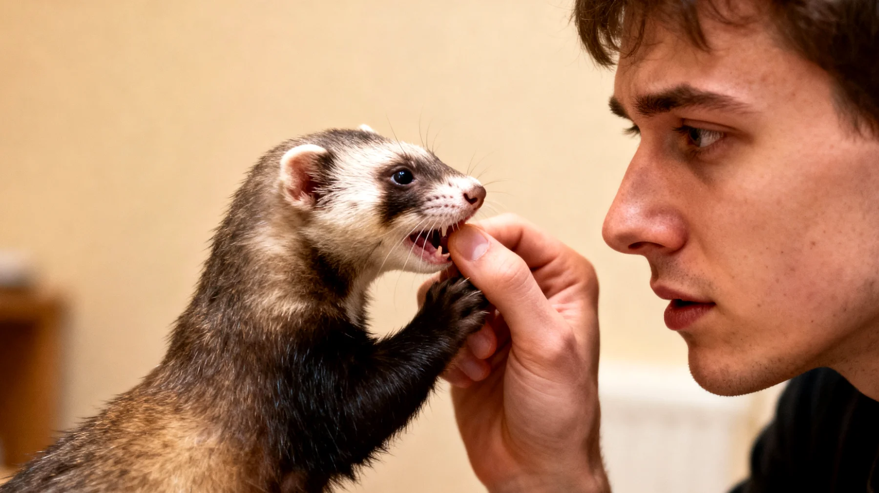 Frettchen-Welpen sind sehr verspielt und energiegeladen, neigen aber dazu, während des Trainings stark zu beißen, was das Erlernen von Verhaltensübungen und die Sozialisierung erschwert"