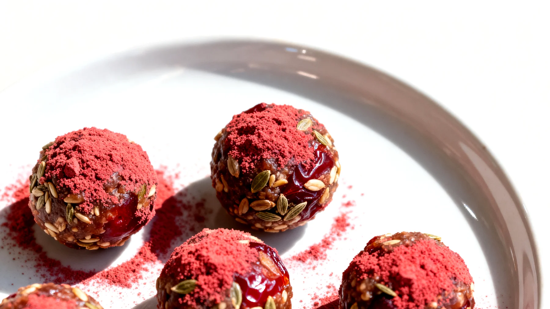 Hanfsamen-Dattel-Energiebällchen mit Sauerkirschpulver"