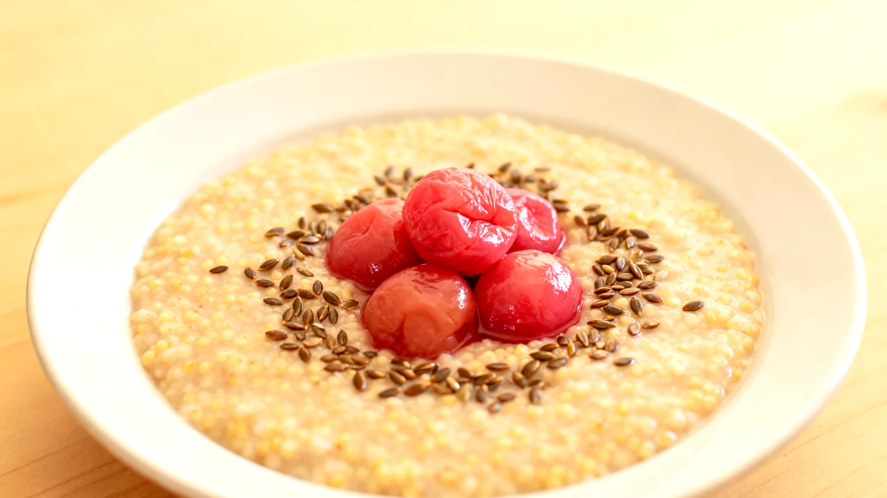 Hirsebrei mit fermentierten Pflaumen (Umeboshi) und gerösteten Hanfsamen"
