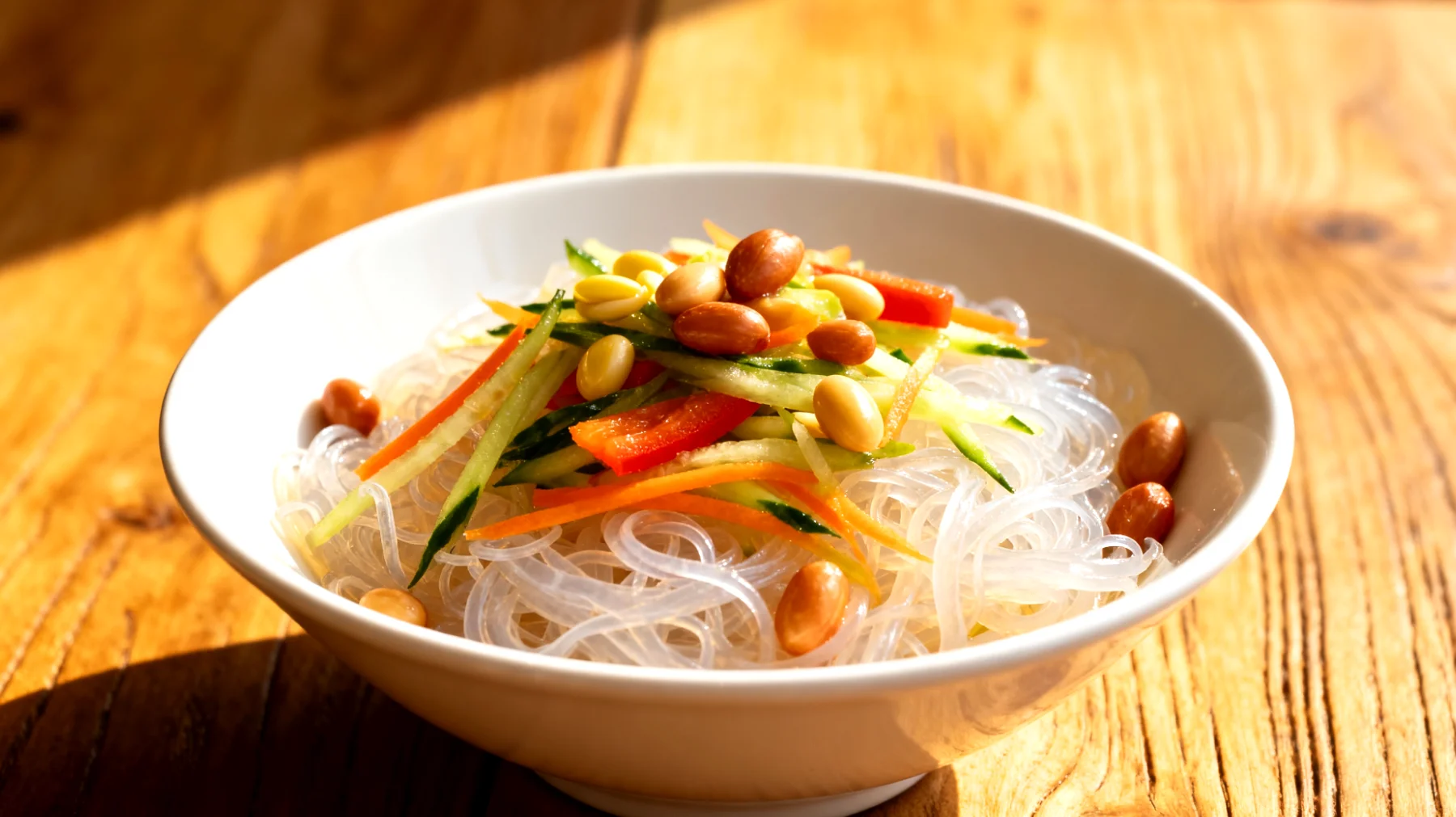 Konjac-Nudeln (Shirataki) mit Gemüse und Hülsenfrüchten"