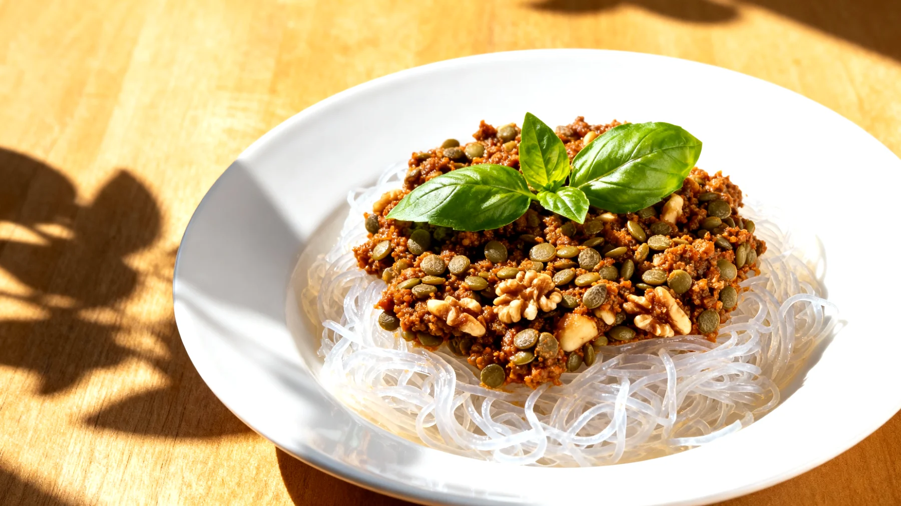 Konjac-Nudeln (Shirataki) mit Linsen-Walnuss-Bolognese"