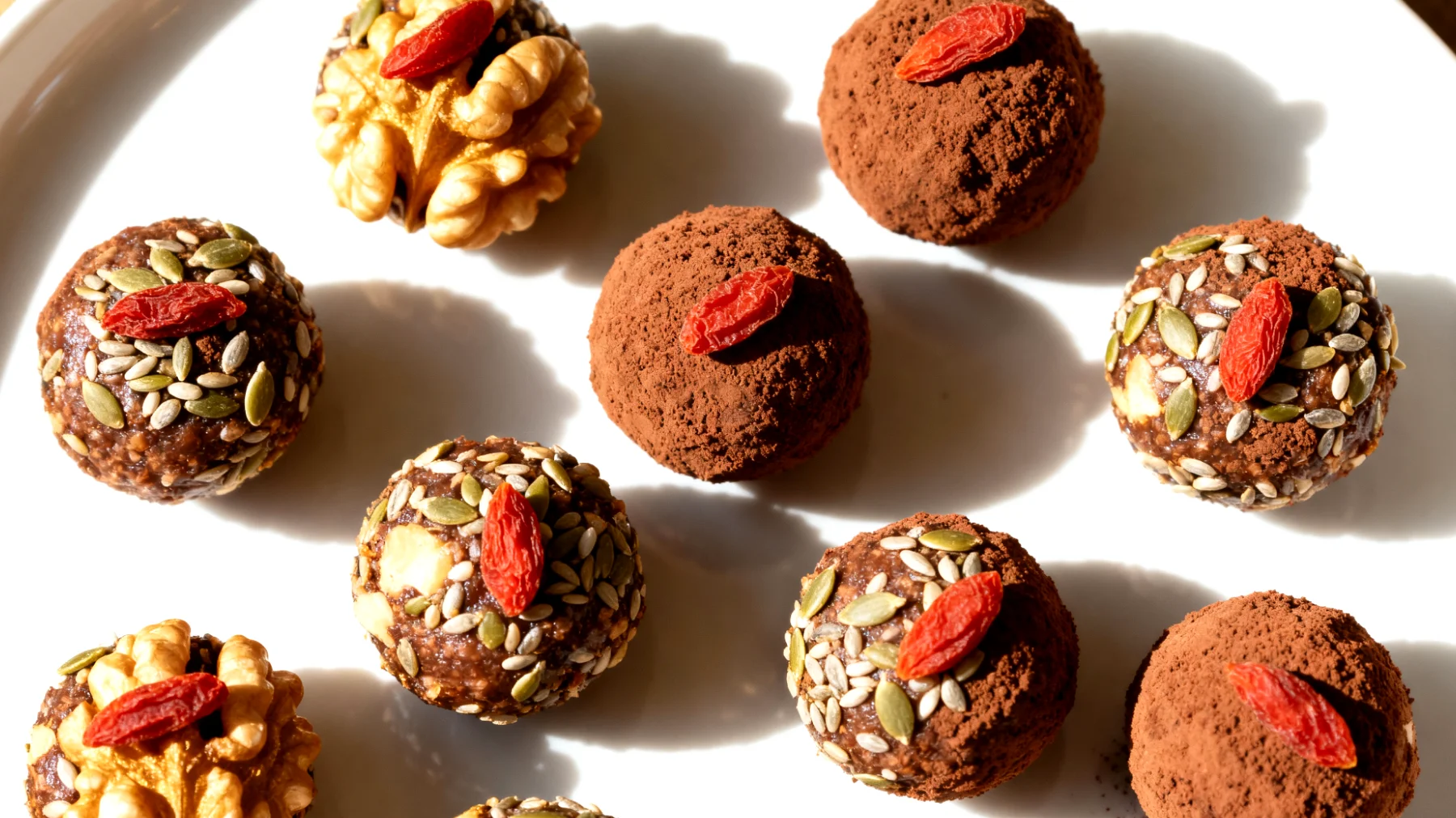 Walnuss-Kakao-Energiekugeln mit Goji-Beeren und Hanfsamen"