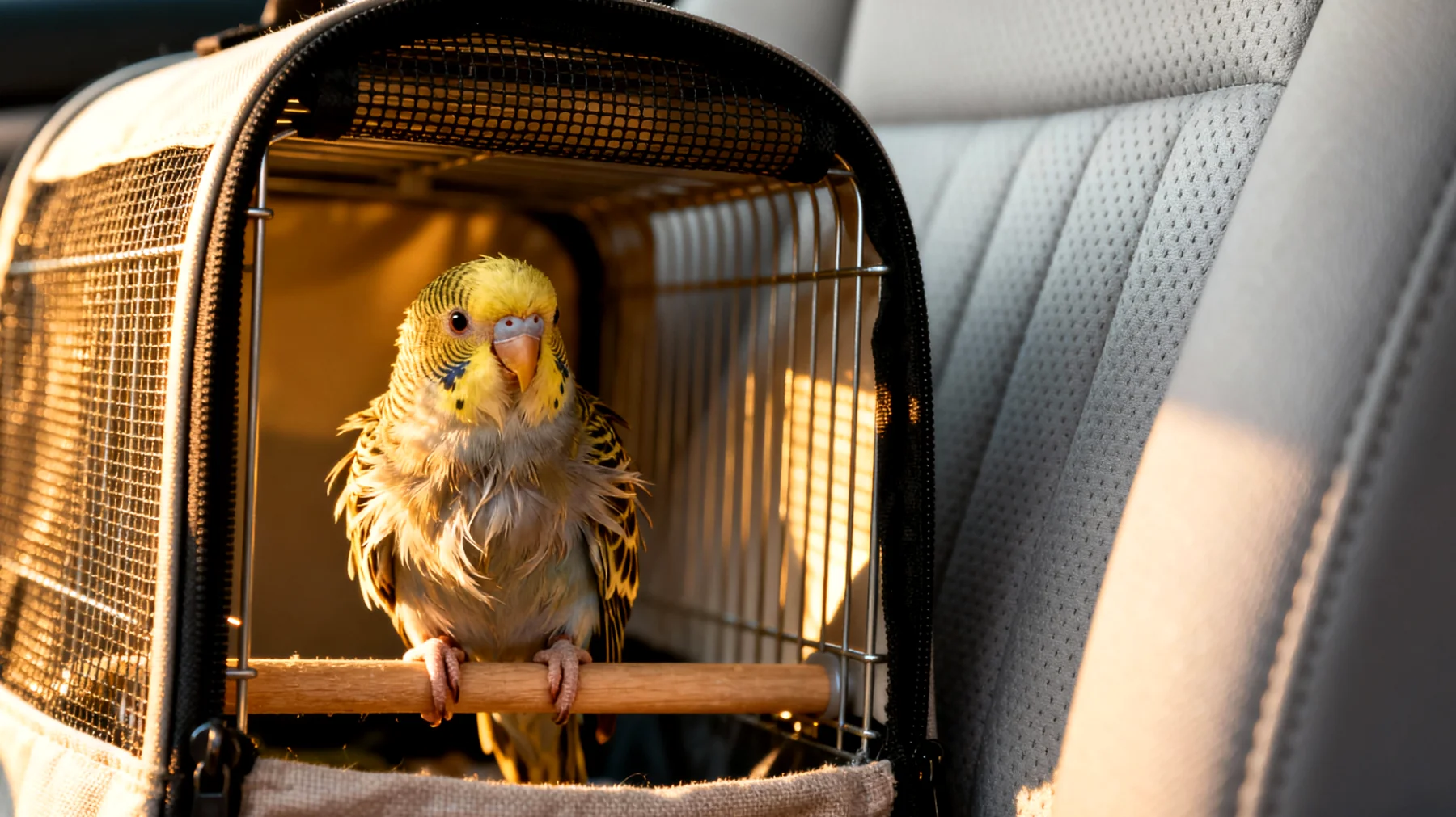 Wellensittiche zeigen während einer Reise oft Stressverhalten wie übermäßiges Flattern, Schreien oder Appetitlosigkeit, da sie den Transport und die fremde Umgebung als bedrohlich empfinden"